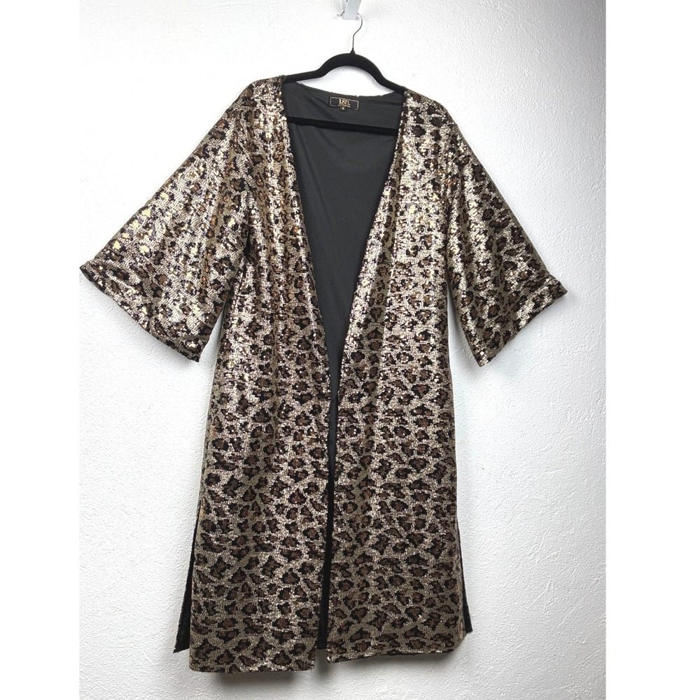 Lucky & Blessed Gold Leopard Sequin Duster - M - Open Front Kimono Glam Party